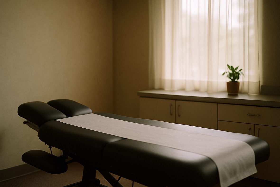 A quiet chiropractic exam room with a padded treatment table, fresh paper, and a sheer-curtained window