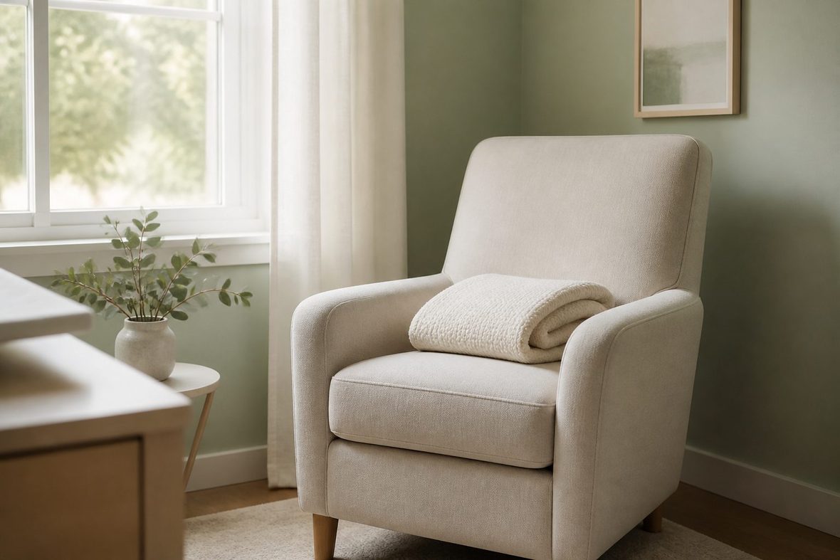 Morning light across an armchair by a window, a folded blanket on the armrest