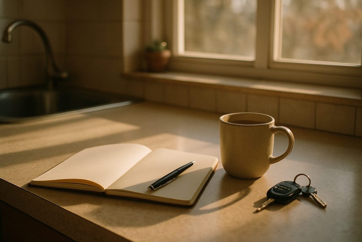 A kitchen counter in morning light with an open blank notebook, a pen, a mug of tea, and a set of car keys