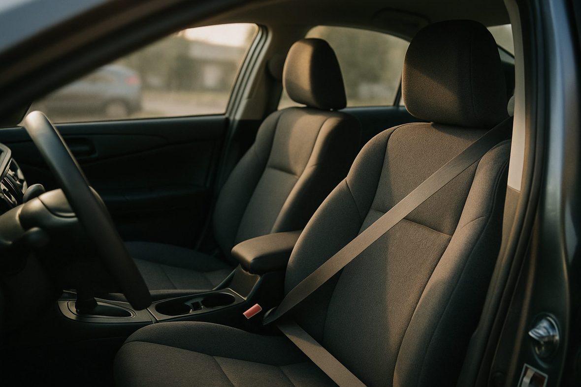 Interior of a parked sedan in low sun, the driver seat empty and the seat belt buckled across it