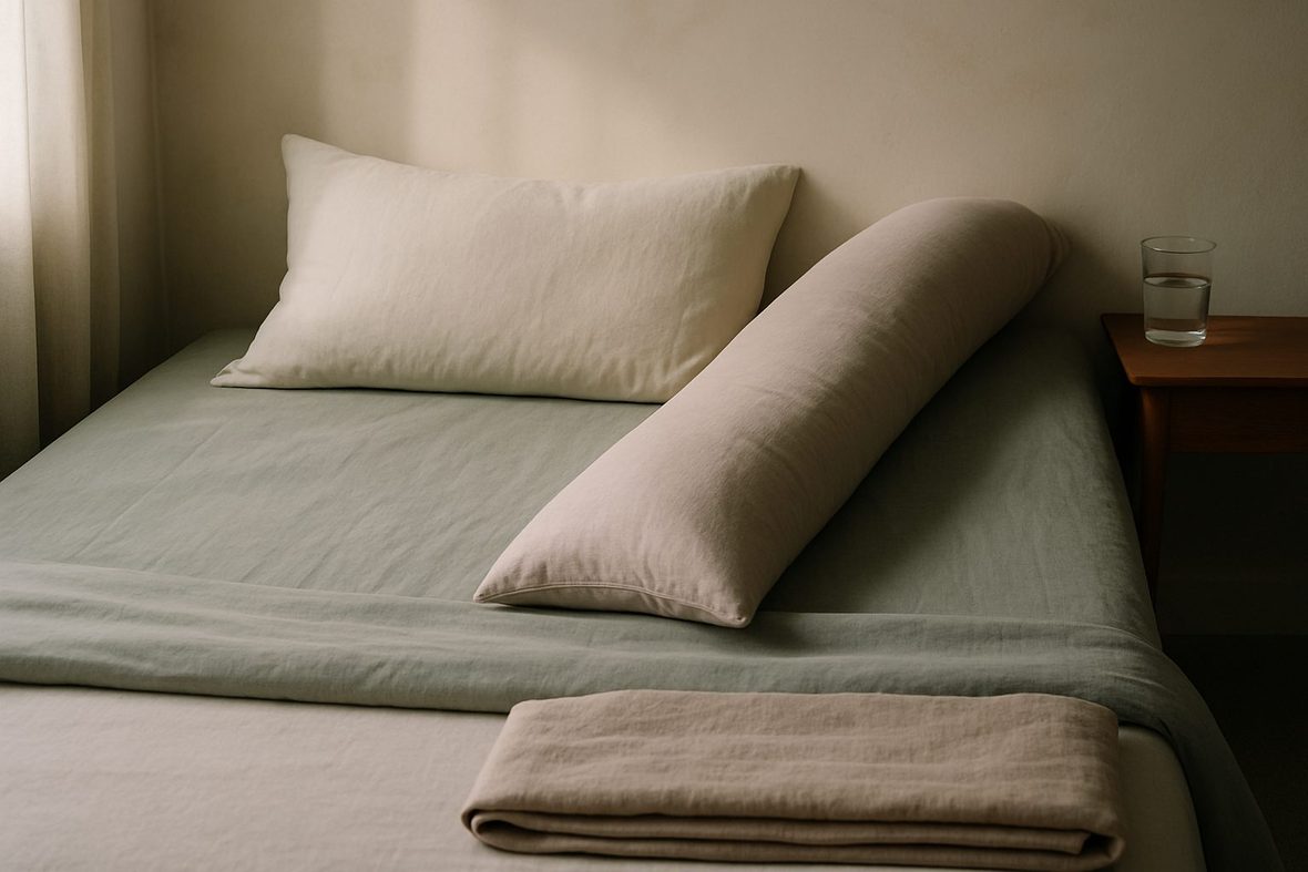 A made bed in early light with a long body pillow laid along one side and a folded blanket at the foot