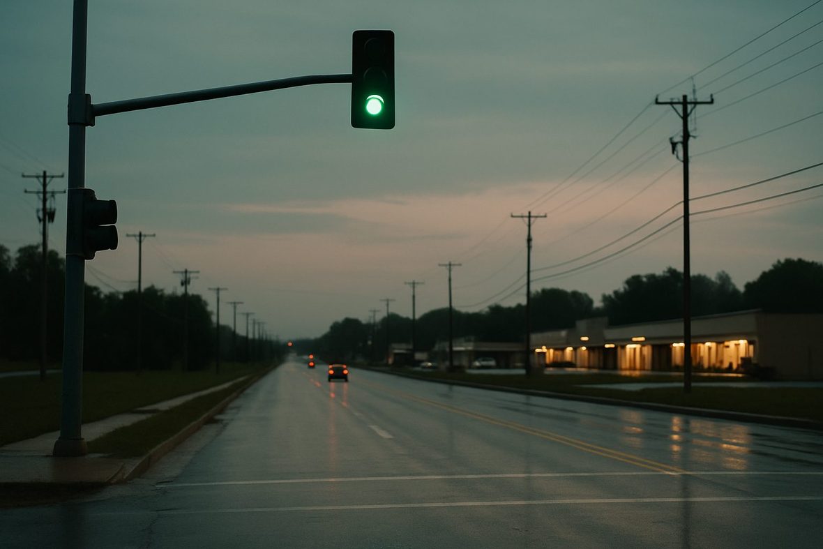 A quiet suburban Missouri arterial road at dusk with a green traffic signal, wet pavement, and a single distant car